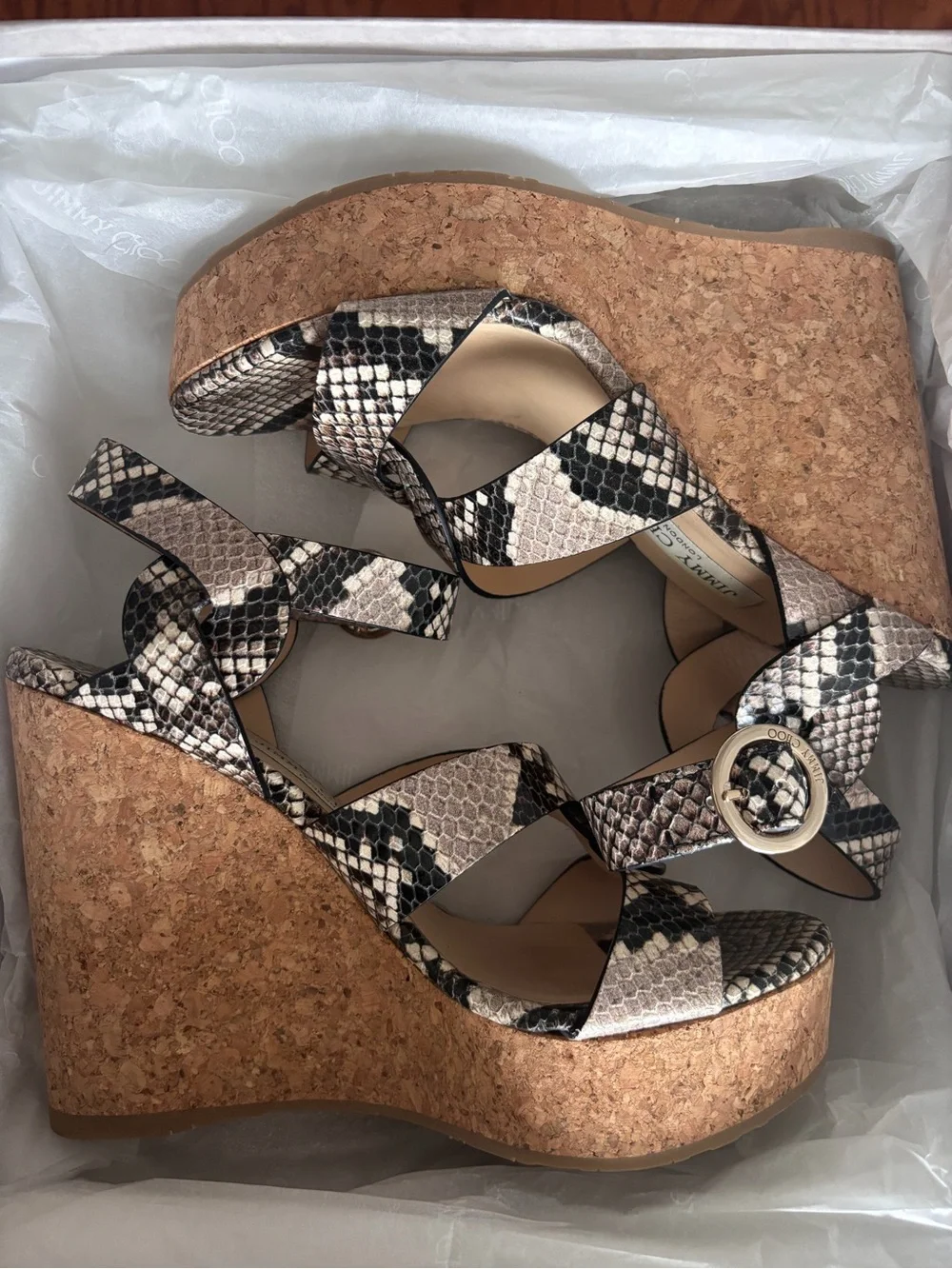 Jimmy Choo Black and Cream Snake-Print Cork Wedge Sandals